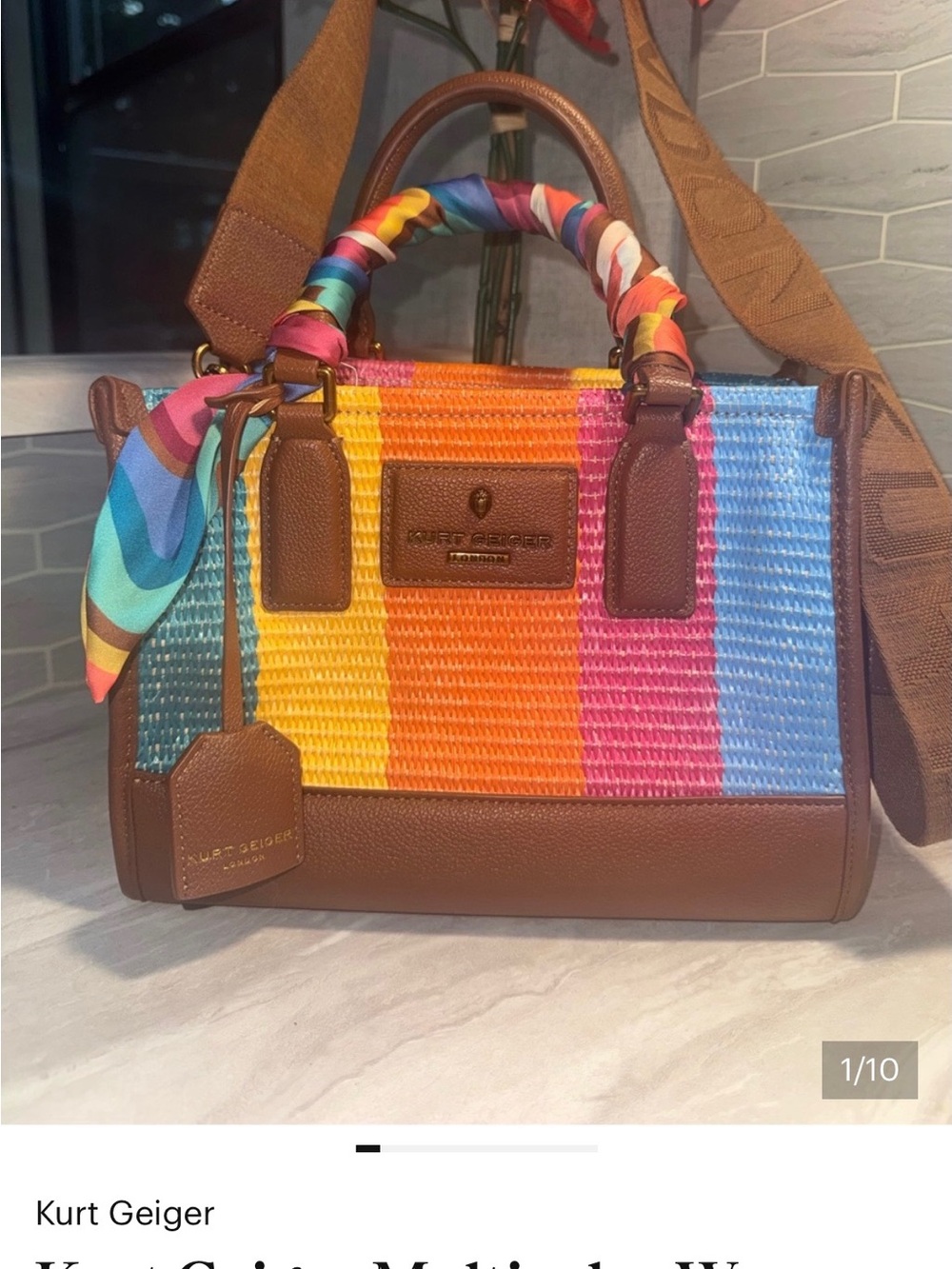 Kurt Geiger Multicolor Woven Satchel with Brown Trim #056